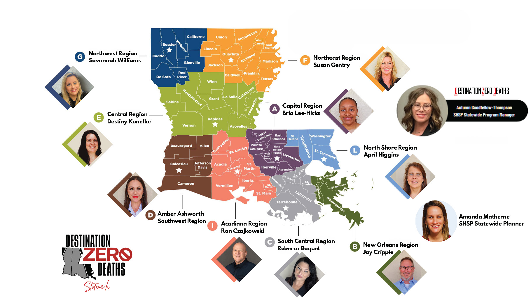 Safety Coalition Map of Louisiana showing all regional representatives